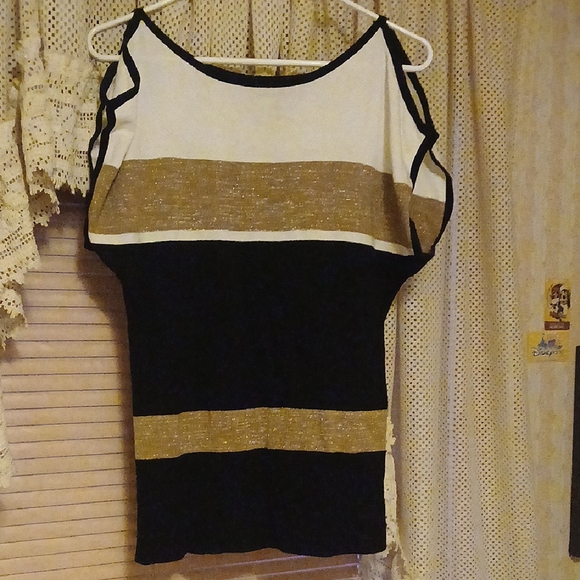 Cache XS Black and Gold Shimmery Striped Cold Shoulder Oversized Women's Top - Picture 1 of 5